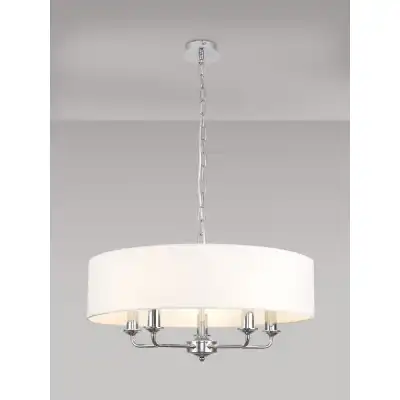 Banyan 5 Light Multi Arm Pendant, c w 1.5m Chain, E14 Polished Chrome c w 600mm Faux Silk Shade, White