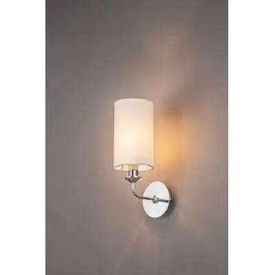 Banyan 1 Light Switched Wall Lamp, E14 Polished Chrome c w 120mm Faux Silk Shade, White