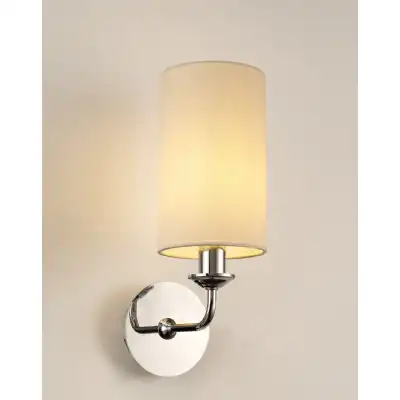 Banyan 1 Light Switched Wall Lamp, E14 Polished Chrome c w 120mm Faux Silk Shade, Ivory Pearl White Laminate