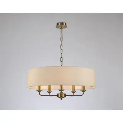 Banyan 5 Light Multi Arm Pendant, c w 1.5m Chain, E14 Antique Brass c w 600mm Faux Silk Shade, Ivory Pearl White Laminate
