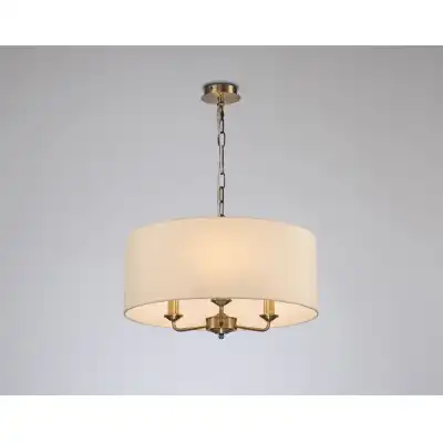 Banyan 3 Light Multi Arm Pendant, c w 1.5m Chain, E14 Antique Brass c w 500mm Faux Silk Shade, Ivory Pearl White Laminate