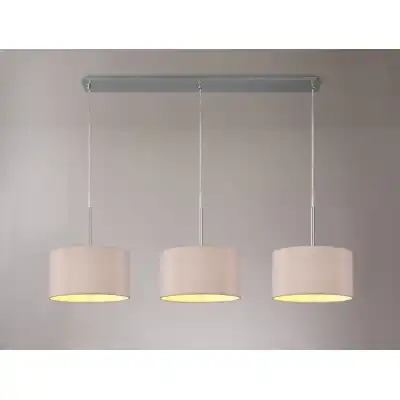 Baymont Polished Chrome 3 Light E27 3m Linear Pendant c w 300 x 170mm Dual Faux Silk Fabric Shade, Taupe Halo Gold