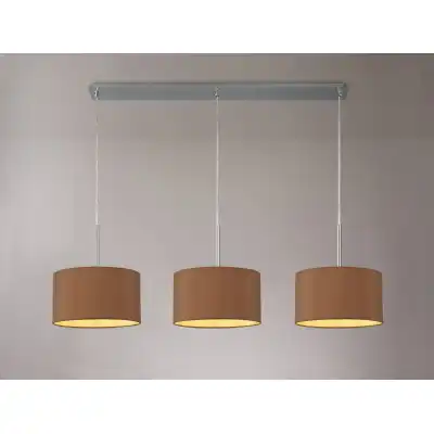 Baymont Polished Chrome 3 Light E27 3m Linear Pendant c w 300 x 170mm Dual Faux Silk Fabric Shade, Raw Cocoa Grecian Bronze