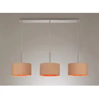 Baymont Polished Chrome 3 Light E27 3m Linear Pendant c w 300 x 170mm Dual Faux Silk Fabric Shade, Antique Gold Ruby