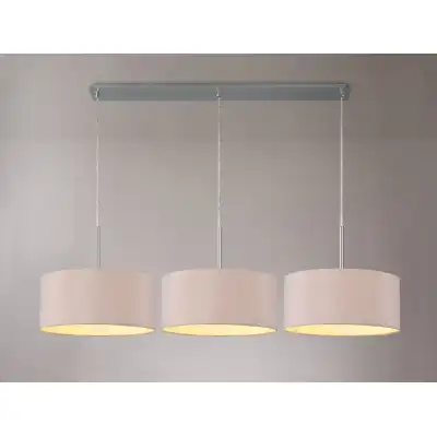Baymont Polished Chrome 3 Light E27 3m Linear Pendant c w 400 x 180mm Dual Faux Silk Fabric Shade, Taupe Halo Gold