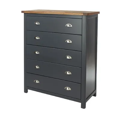 Blue Chest of 5 Drawers Antique Wax Finish Oak Top