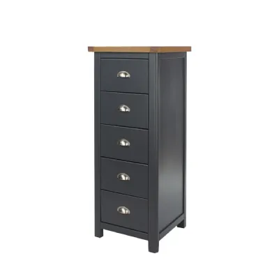 Midnight Blue Narrow 5 Drawer Tallboy Oak Top