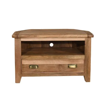 Rustic Natural Solid Wood Corner TV Unit with Drawer