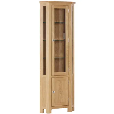 White Oak Glazed Narrow Slim Corner Display Cabinet