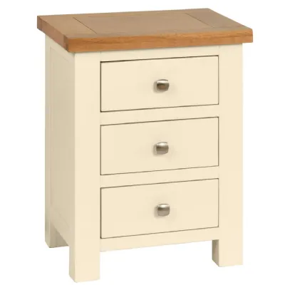 Ivory Painted Wood 3 Drawer Bedside Table Oak Top