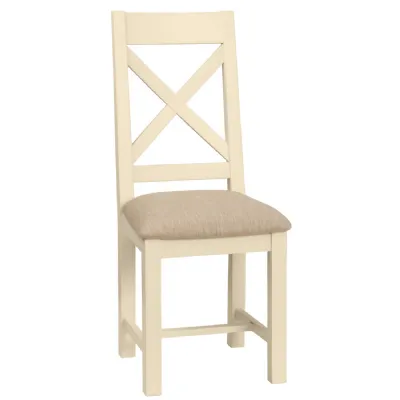 Ivory Painted Wooden Cross Back Dining Chair Fabric Seat