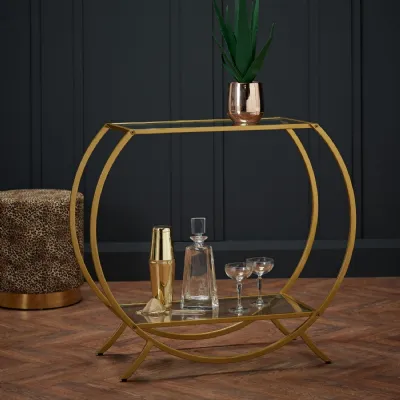 Gold Metal Console Hall Table Glass Top and Base