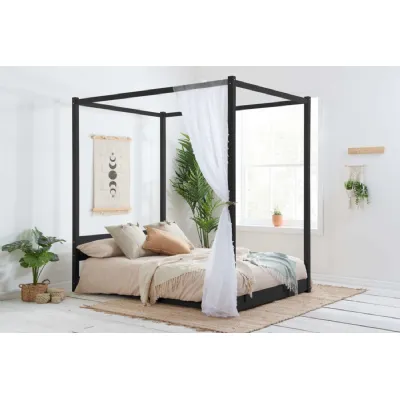 Black Wood Double Low Four Poster Bed