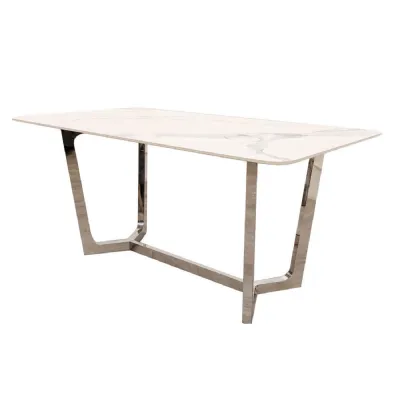 Modern White Sintered Stone Top Rectangular 6 Seater Dining Table with Chrome Legs