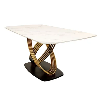Modern White Stone Top Rectangular 4 to 6 Seater Dining Table with Gold Base