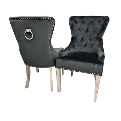 Luxury Black Velvet Upholstered Dining Chair with Ring Knocker
