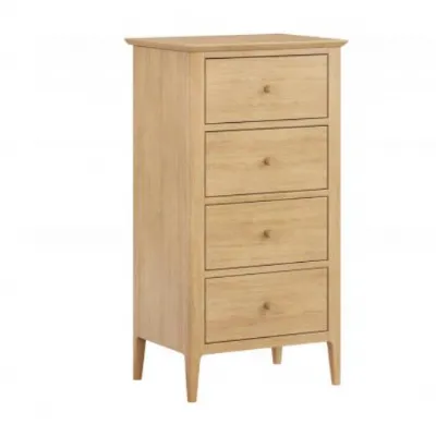 Natural Oak 4 Drawer Tall Chest with Tapered Legs and Rounded Edges