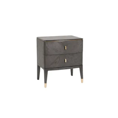 Brown Ribbed Wooden 2 Drawer Bedside Table with Gold Detail