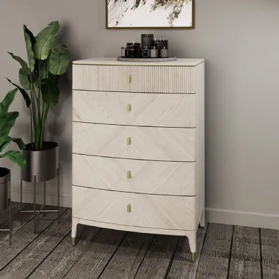 White Ribbed Tall 5 Drawer Chest with Brushed Gold Accents