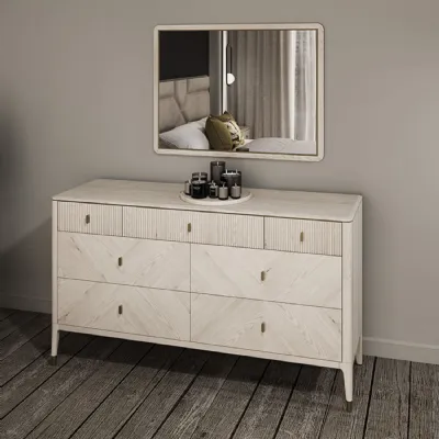 Stone Finish Ribbed Wooden Wide Chest of 7 Drawers