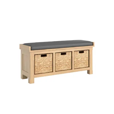 Oak Hallway Bench Grey Leather Effect Seat Cushion