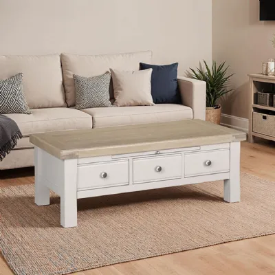 Taupe Wooden 3 Drawer Coffee Table with Oak Top