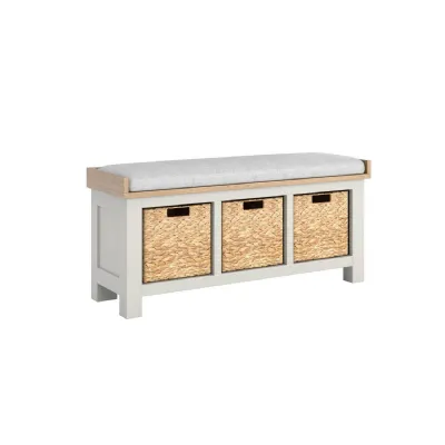 Grey Wooden Bench with 3 Storage Baskets and Fabric Seat Pad