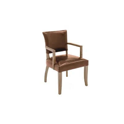 Vintage Tan Brown Leather Dining Arm Chair Oak Legs