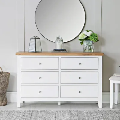 White Wood Chest of 6 Drawers Washed Oak Top