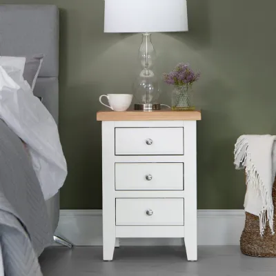 White Wood 3 Drawer Bedside Cabinet with Oak Top