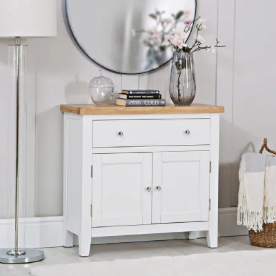 White Wood 2 Doors 1 Drawer Small Sideboard with Oak Top