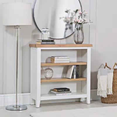 White Wood Small Wide Open Bookcase with Oak Top