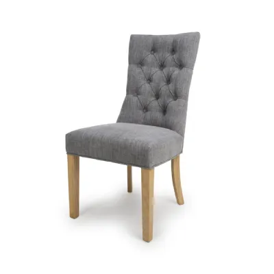 Grey Fabric Buttoned Back Dining Chair Oak Wood Legs