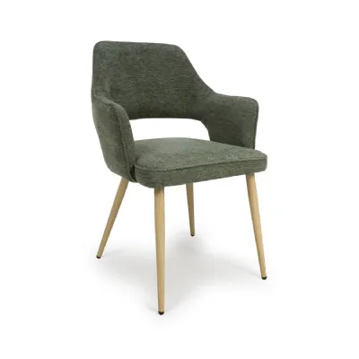 Green Fabric Dining Arm Chair with Light Wood Legs