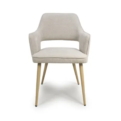 Cream Beige Fabric Dining Arm Chair with Light Wood Legs