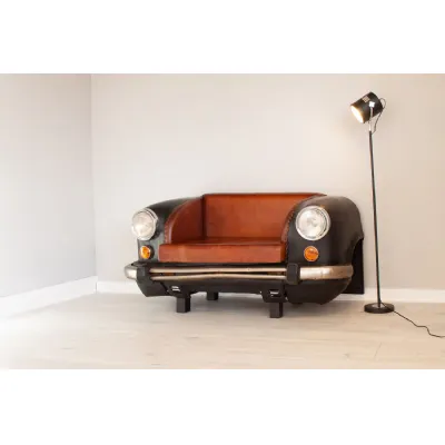 Tan and Black Leather Car Designed 2 Seater Sofa
