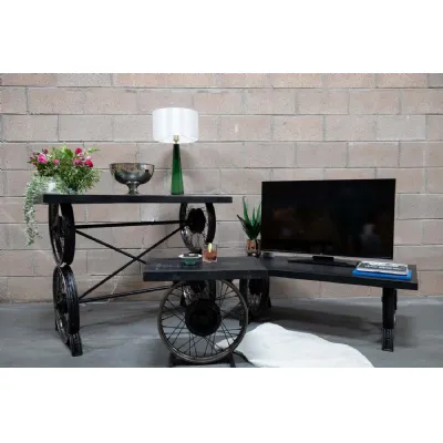 Black Iron Side Table Wheel Spokes with Wooden Top