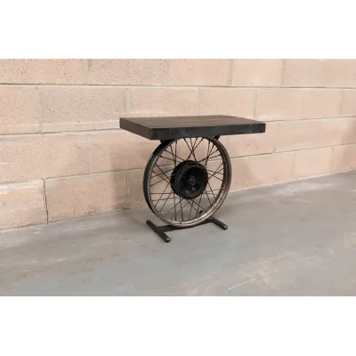 Antique Black Wrought Iron Wheel Spokes Side Table Wood Top