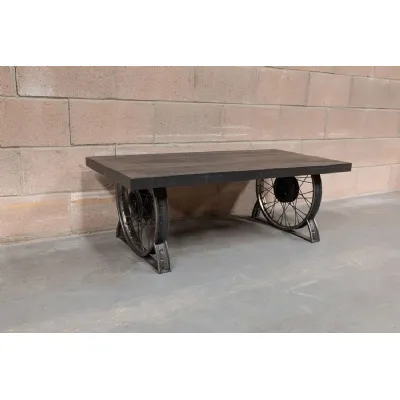 Rustic Black Wrought Iron Coffee Table on Wheels Wood Top