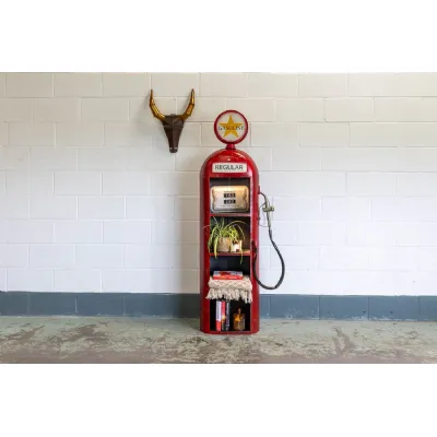 Red Wrought Metal Pump Style Display Unit with Open Shelves