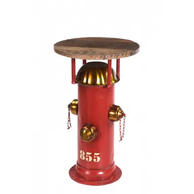 Red Wrought Iron Fire Pump Side Table with Wooden Top