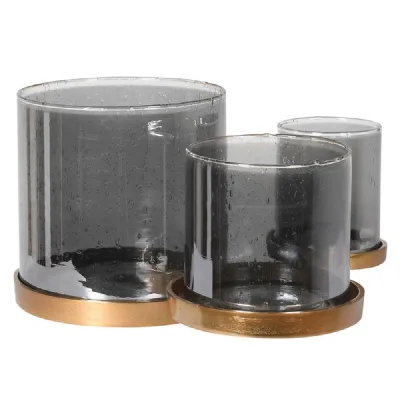 Bronze And Black Glass Candle Holder Trio