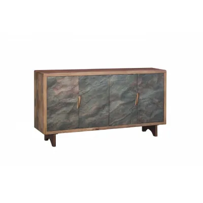 Natural Wooden Marble Effect Front 4 Door Wide Sideboard