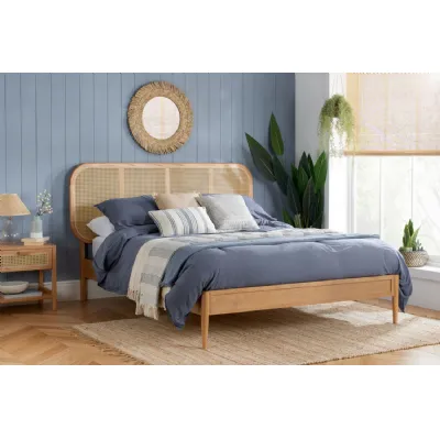 Oak 135cm Double Bed with Rattan Headboard