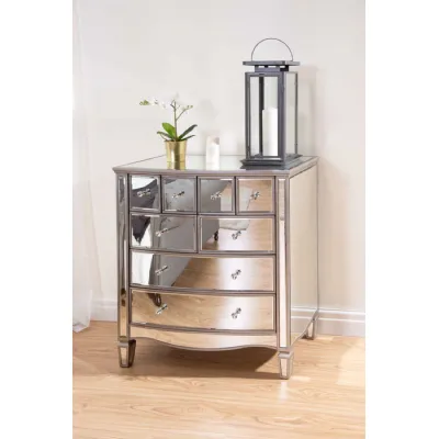 Chrome Finish Mirrored Glass Large Chest of 8 Drawers