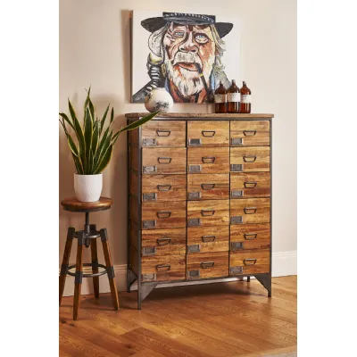 Industrial Natural Mango Wood Apothecary 18 Drawer Storage Cabinet