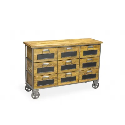 Industrial Natural Mango Wood 9 Drawer Apothecary Chest 127cm Wide