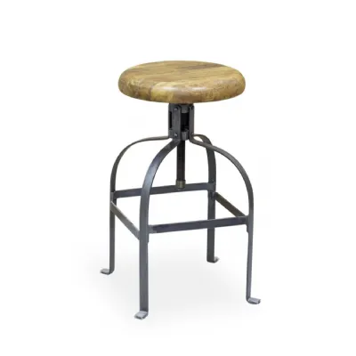 Industrial Round Mango Wood and Steel Adjustable Dentist Stool