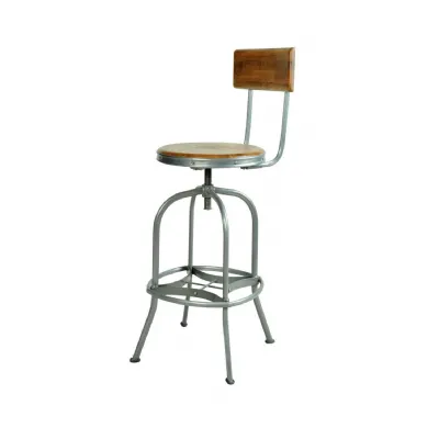 Industrial Round Mango Wood Swivel Adjustable Bar Stool with Backrest