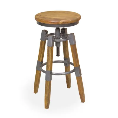 Natural Mango Wood and Metal Adjustable Swivel Breakfast Bar Stool